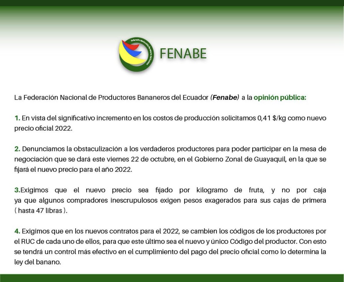 EJENCALADA's tweet photo. La #Fenabe pone en relieve un hecho muy cierto. La comercializacion del #banano no debe fijarse por caja sino por kilo ya q el peso de la caja varia y no es reconocida al momento del pago.
Esperemos q se implemente el cambio en estos momentos sumamente difíciles. https://t.co/9B3Zbk0Ku0