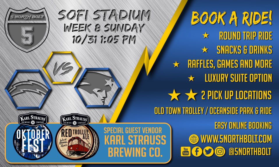 5northbolt's tweet photo. 👻🎃 Ride with us this Halloween day game @Patriots at @chargers 

https://t.co/4EjnXyVoeh

#oktoberfest #redtrolley #karlstrauss #gameday  #boltup #chargers #sandiego #oceanside #orangecounty #losangeles #patriots #vikings #steelers #giants #chiefs #broncos https://t.co/Hha3Sj1xY8