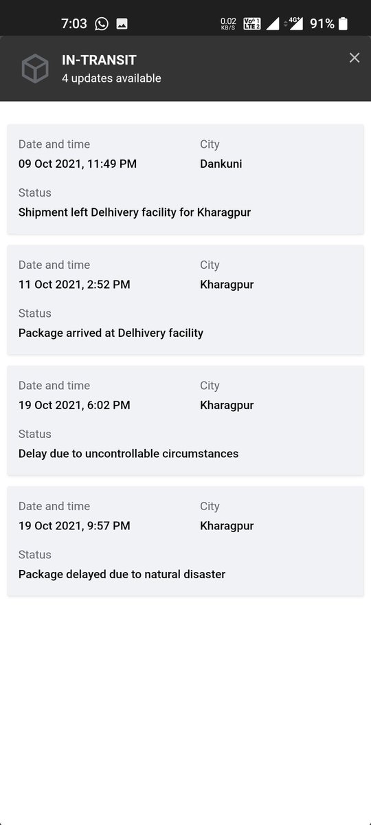 srj3's tweet photo. @delhivery @help_delhivery My two parcels got stuck in destination city for more than 10 and 6 days respectively &amp; reason mentioned is not satisfactory as I live in the same city and I don't know about any natural disaster.please deliver it asap.
AWB-1504825338945 &amp; 1904028172910 https://t.co/Hm00igOk4P