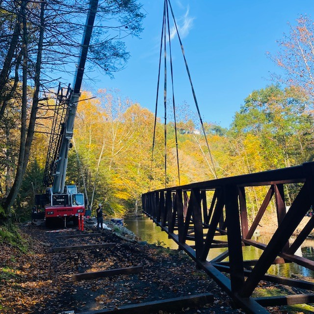 Our Special Projects team just completed a walk bridge at the Southbury Land Trust.  Here are some photos of our team setting the bridge in place!