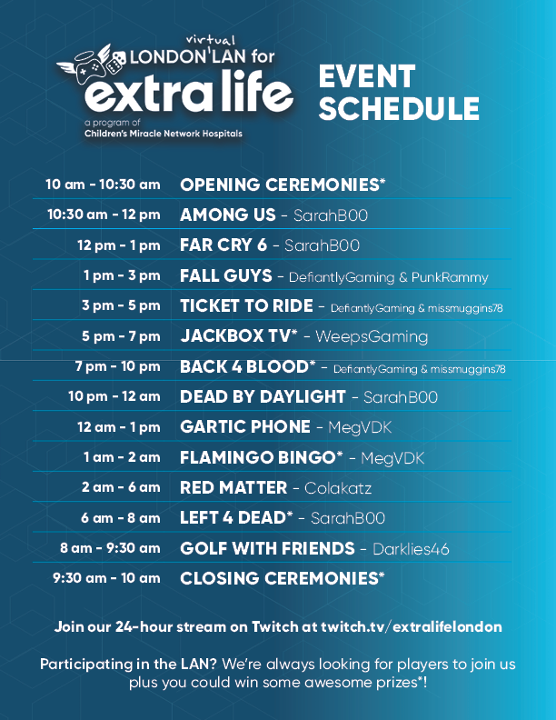 ExtraLifeLondon's tweet photo. Among Us, Jackbox, Flamingo Bingo, Back 4 Blood...just some of the amazing games and activities we'll be streaming on Twitch during the London LAN for #ExtraLife this weekend! 🕹

Not registered? There's still time to sign up!

https://t.co/elR5ujULbt

#ldnont #ChangeKidsHealth https://t.co/sNDg0HHOQV