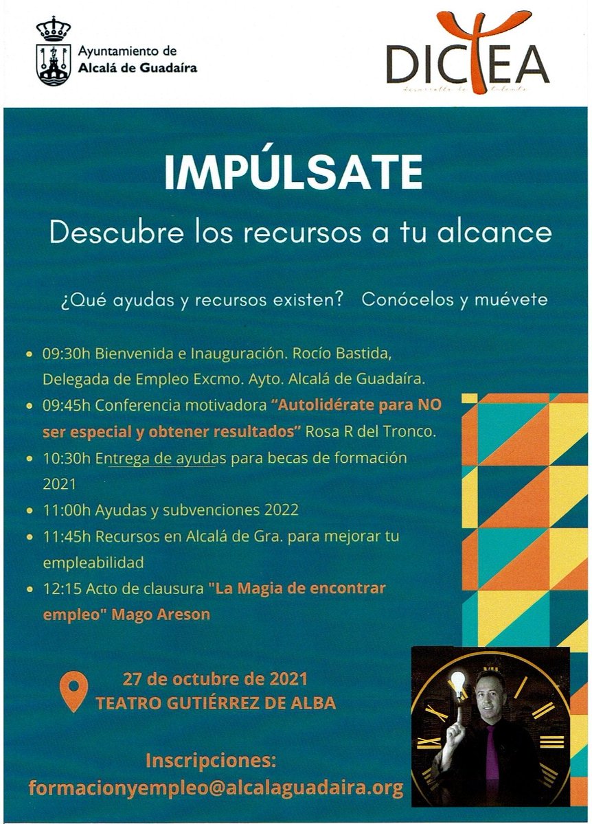 ireneecofol's tweet photo. `Impúlsate, descubre los recursos a tu alcance´ organizado por el @aytoguadaira y @GrupoDictea
▶️Conferencia motivadora, ayudas, subvenciones, recursos en Alcalá para mejorar tu empleabilidad...
▶️27 de octubre en el teatro Gutiérrez de Alba desde las 9.30 horas #AlcaláDeGuadaíra https://t.co/ULuwc33J5R