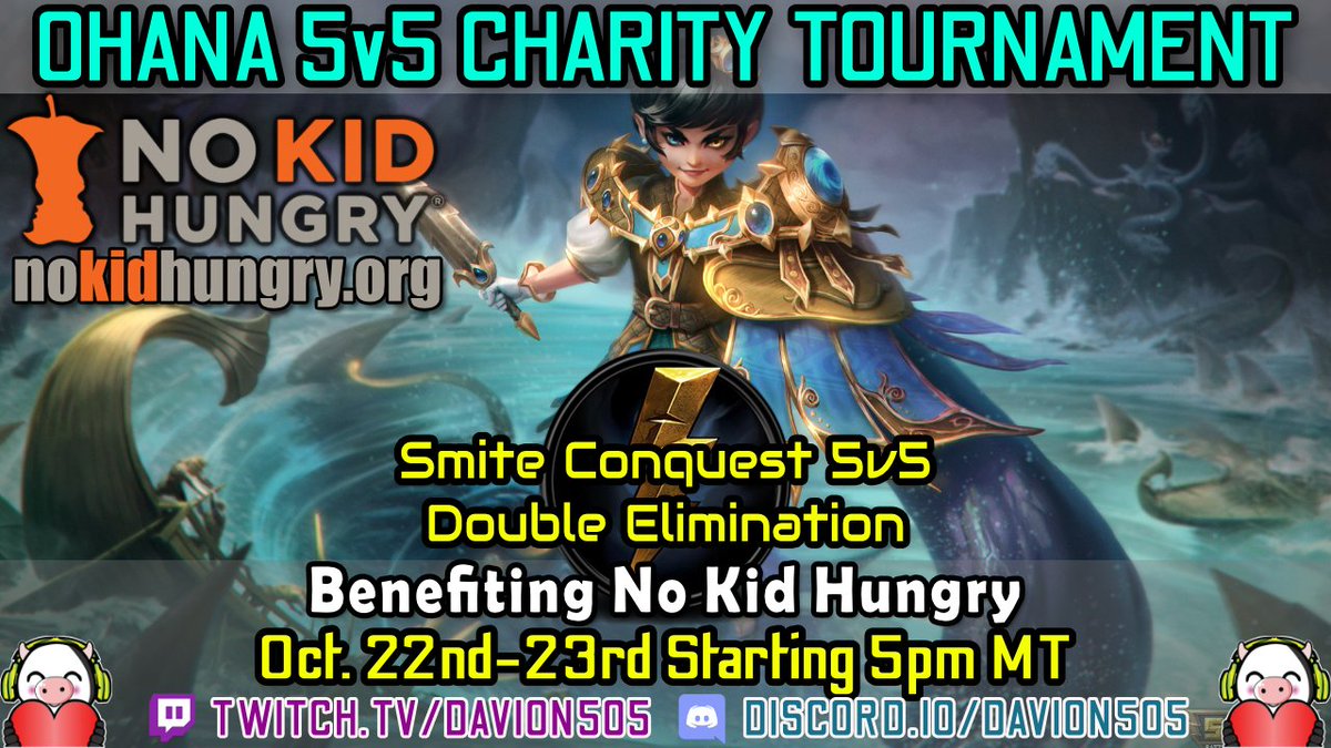 Aloha Ohana🌴! Team Rosters are set for this weekend's Ohana Charity Showdown🏆 benefitting <a href="/nokidhungry/">No Kid Hungry</a>. It is a <a href="/SMITEGame/">SMITE 2</a> 5v5 Conquest tournament! 😎👍
<a href="/STREAM_NKH/">STREAM for No Kid Hungry</a>  

Day 1⃣: Friday at 5pm MT
Day 2⃣: Saturday at 5pm MT
📺 twitch.tv/davion505