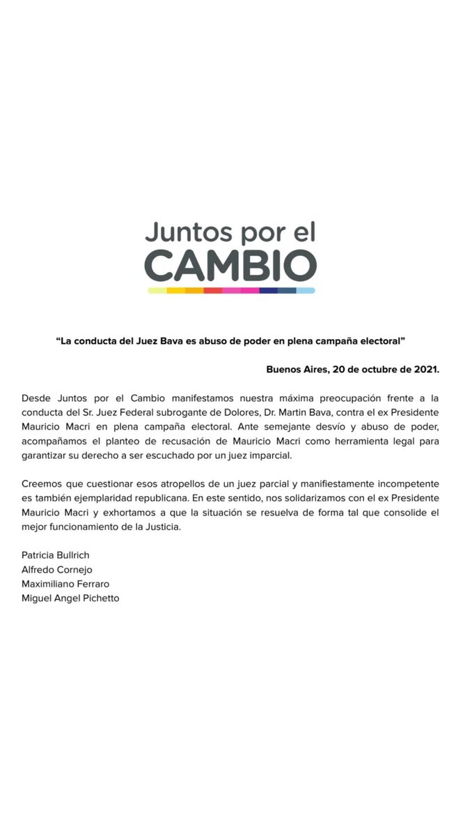 Comunicado oficial de los presidentes de los partidos de Juntos por el Cambio.