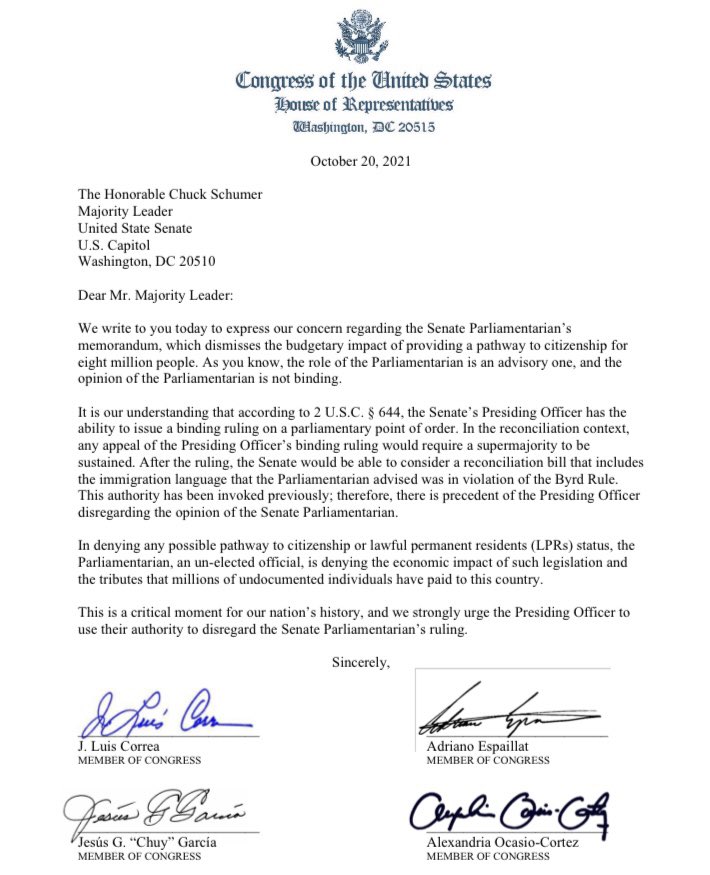 RepAOC's tweet photo. We cannot give up on a pathway to citizenship.

We led a letter w/ @RepLouCorrea, @RepChuyGarcia &amp; @RepEspaillat &amp; 40+ Members explaining why we should disregard the Parliamentarian's undemocratic hold on immigration reform.

It's been decades. We can't settle. #TheMomentIsNow https://t.co/wze55dmjvq