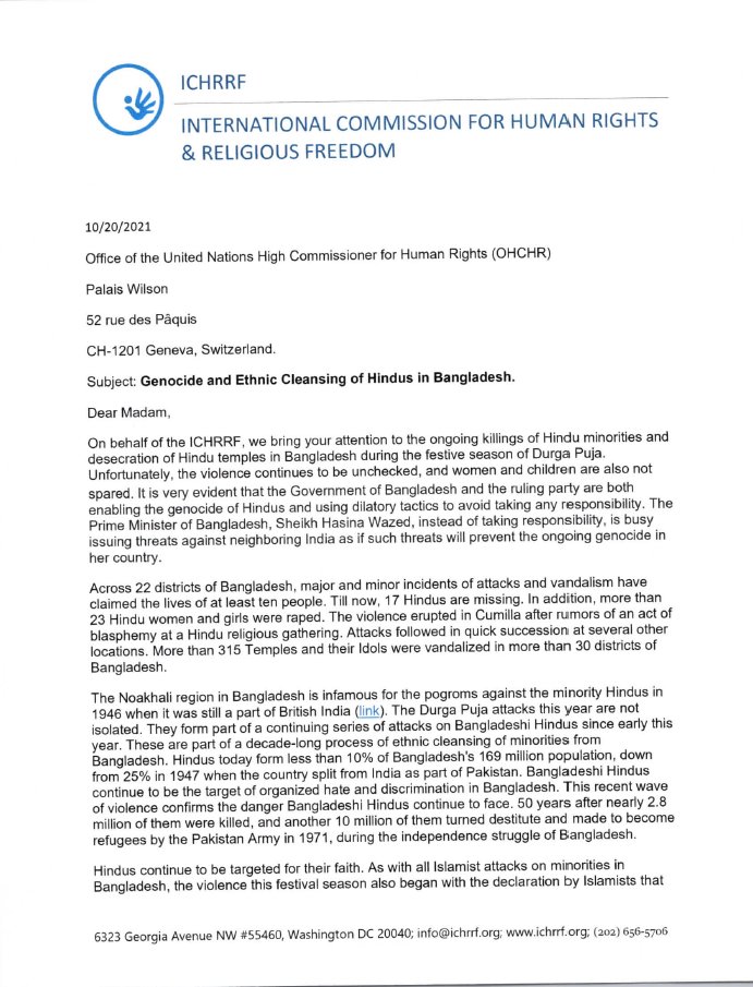 ICHRRF's tweet image. Our letter to @mbachelet @UNHumanRights  urging to intervene in the ongoing Genocide and Ethnic cleansing of Hindus in Bangladesh.
#HumanRightsViolations #Humanright #BangladeshiHinduWantSafety
