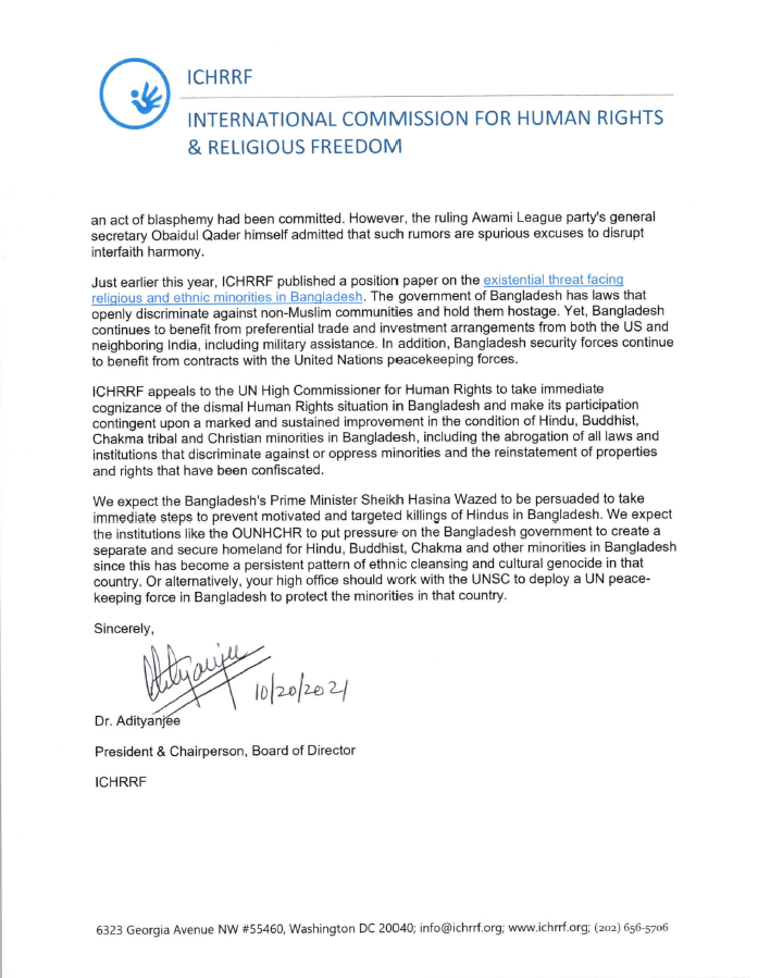 ICHRRF's tweet image. Our letter to @mbachelet @UNHumanRights  urging to intervene in the ongoing Genocide and Ethnic cleansing of Hindus in Bangladesh.
#HumanRightsViolations #Humanright #BangladeshiHinduWantSafety