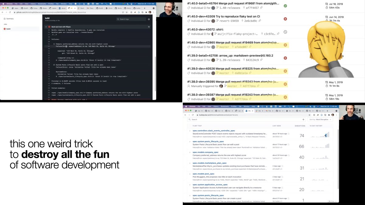 Lotsa fun talking about <a href="/BuildPulseApp/">BuildPulse</a> with the @TestDouble team at their weekly engineering hangout today. Clearly a group of kindred spirits in the fight against flaky tests. 😅

Big thanks to <a href="/searls/">Justin Searls</a> and <a href="/thedayisntgray/">Landon</a> for the invitation. 🙌