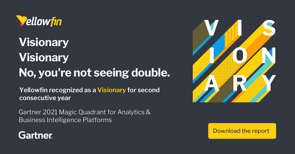 YellowfinBI's tweet photo. Find out why Yellowfin has been named a Visionary in the @Gartner_inc 2021 Magic Quadrant for Analytics &amp; BI Platforms - Again! Access your full copy of the report here to find out why 👉 https://t.co/9QaPYh8wii 

#beautifullysimple #ContextualAnalytics #Analytics https://t.co/JG4MOwLk9c