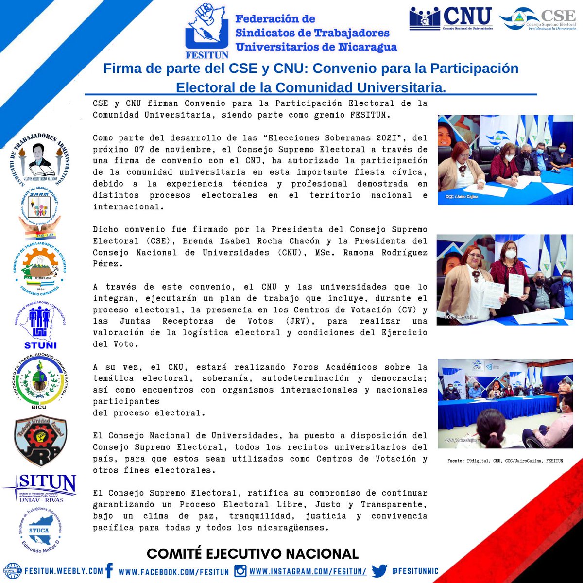 Firma de parte del CSE y CNU: Convenio para la Participación Electoral de la Comunidad Universitaria.
Con tu voto vos decidís, por eso este 07 de noviembre debes ejercer tu derecho al voto.
#Nicaragua #EleccionesLibres2021
<a href="/Espinales_Mari/">Maritza Espinales</a> @FesitunNic
