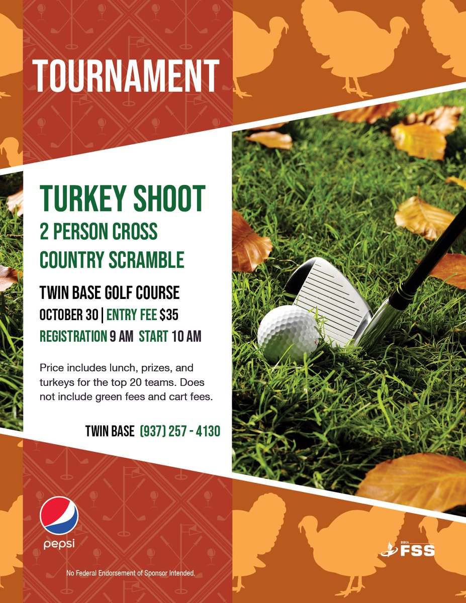 Thanksgiving is right around the corner. To start off turkey🦃 season, The Courses at Wright-Patt are hosting a Turkey Shoot on October 30 at Twin Base. ⛳

A 2 person cross country scramble for $35. Turkeys for the top 20 teams!

For more information, call 📞 937-257-4130!