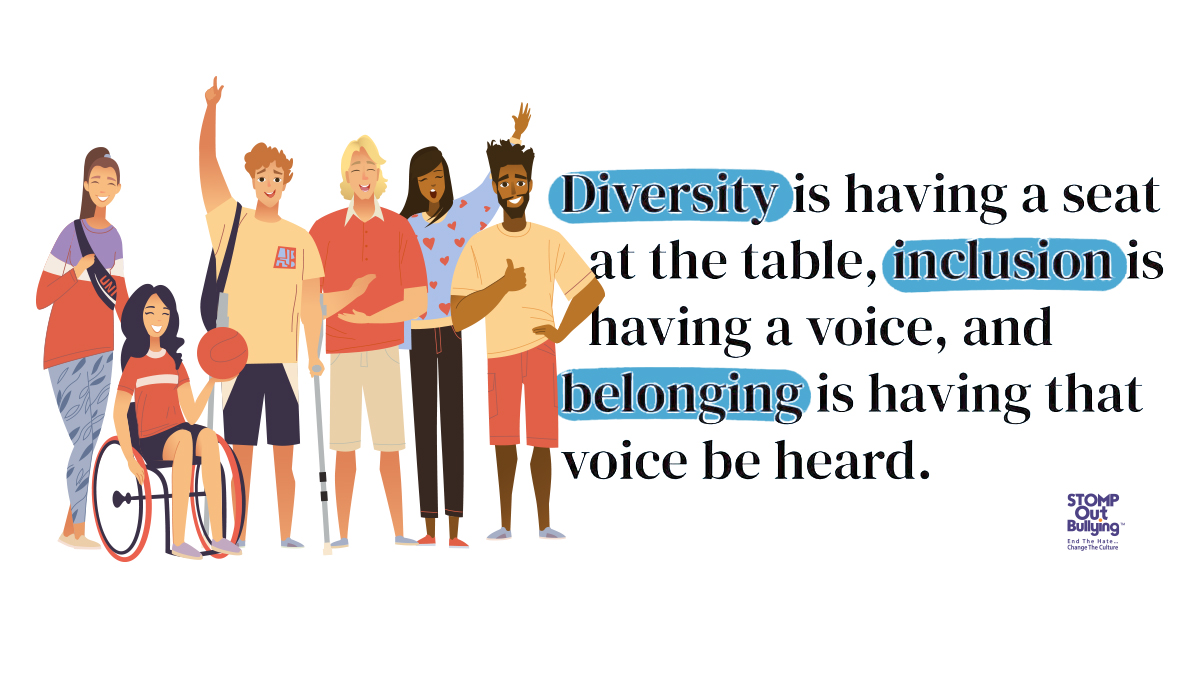 Inclusion is about ALL of us. #Inclusion is about learning to live together. Inclusion is making sure no one sits on the sidelines. #BullyingPreventionMonth #WeekofInclusion #STOMPOutBullying