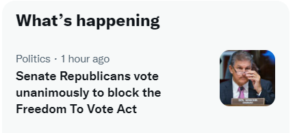 directorblue's tweet photo. Currently trending on #TwitterPropaganda channel:
The "Freedom to Vote" Act destroys the integrity of the ballot box, by blurring the lines between citizens and non-citizens, eradicating voter ID, and other pro-vote fraud measures. https://t.co/azqLjRCJlC