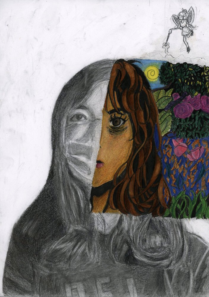 mrdrapak's tweet photo. Jade Trussoni, graphite and coloured pencil on paper, Fall 2021. Visual Arts 10 at Citadel High. https://t.co/EFLQMNnUpN