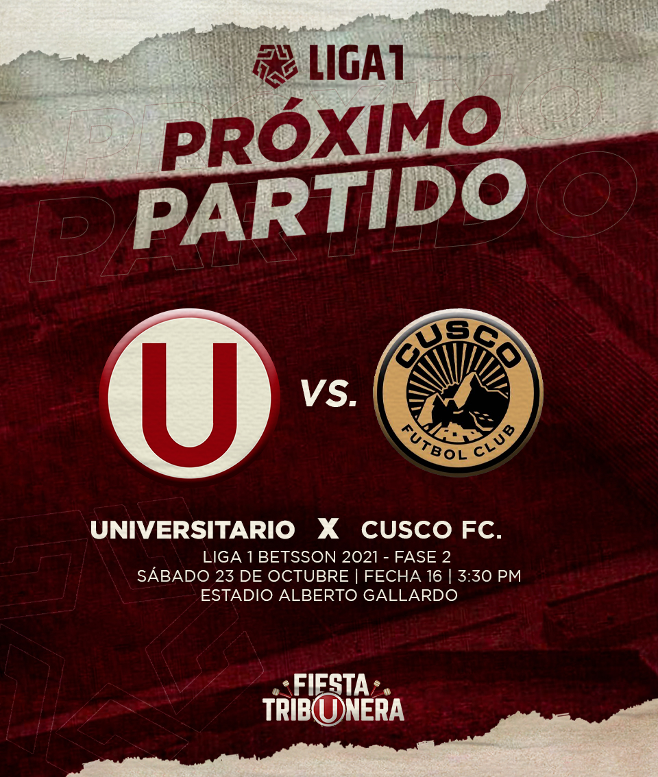 FTribUnera's tweet photo. ⚽️¡PRÓXIMO PARTIDO!⚽
📍 @Universitario 🆚 @Cusco_F_C
🏆 @LigaFutProf - Fase 2 - Fecha 1️⃣6⃣
📆 Sábado 23 de Octubre.
⏰ 3:30 pm.
🏟 Estadio Alberto Gallardo
🔝 #UvsCUS #FiestaTribUnera #YDaleU #AlientaDesdeCasa #Liga1Betsson https://t.co/NoczA7Q3oU