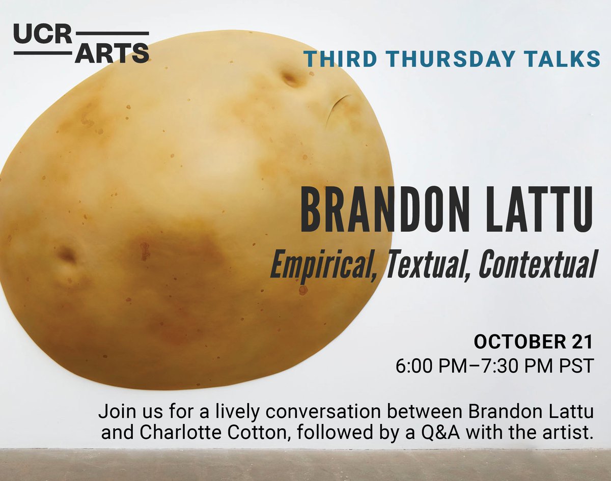 Tomorrow at 6pm! Join us online as UCR Art Professor Brandon Lattu and renowned independent curator Charlotte Cotton engage in a lively discussion, followed by a Q&A with Brandon Lattu. Register: bit.ly/3FZVLhf