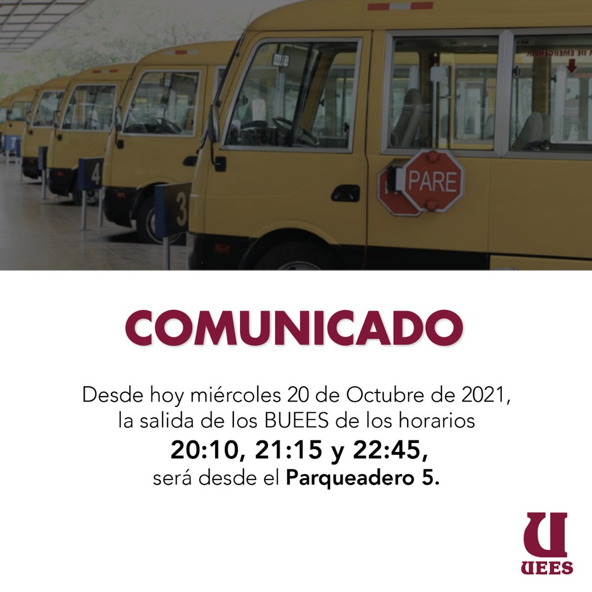 uees_ec's tweet photo. #UEESInforma
Desde hoy, la salida de los buses en los horarios mencionados se realizará desde el #Parqueo5 https://t.co/LfKMUWnA2H
