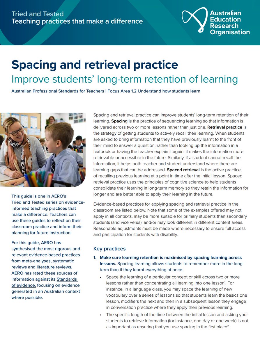 3 great tips for <a href="/EdResearchAU/">Australian Education Research Organisation (AERO)</a> 

1. Maximise learning retention by spacing learning across lessons
2. Recall info in different ways to enhance long-term retention
3. Be deliberate about how you embed spacing and retrieval practice

edresearch.edu.au/sites/default/…