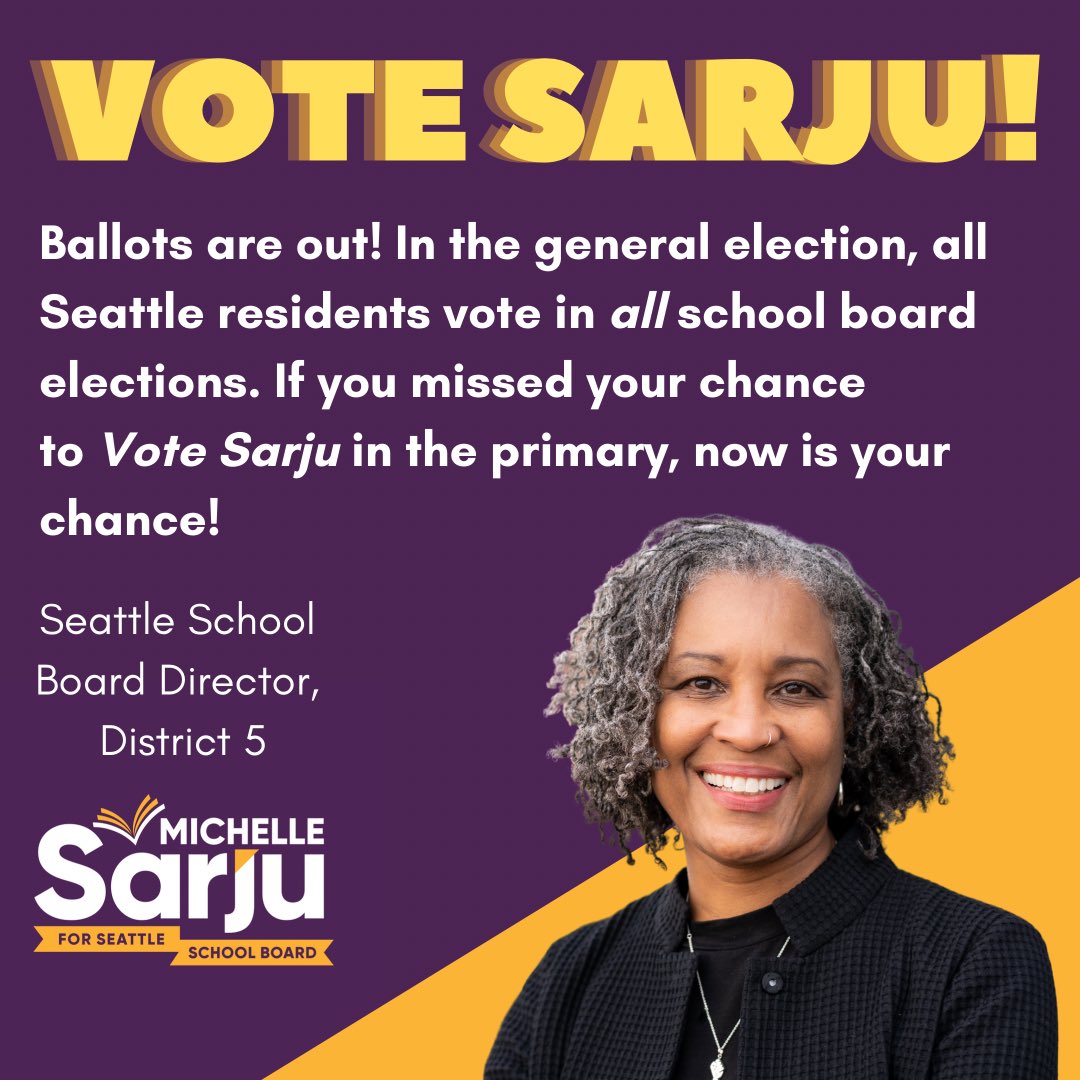 SarjuforSSB's tweet photo. It's your chance to Vote Sarju, Seattle! Ballots are out and ALL Seattle residents will have the District 5 School Board Race on their ballots. High-quality public school education starts with us - Vote Sarju! https://t.co/h5VJTZCciw