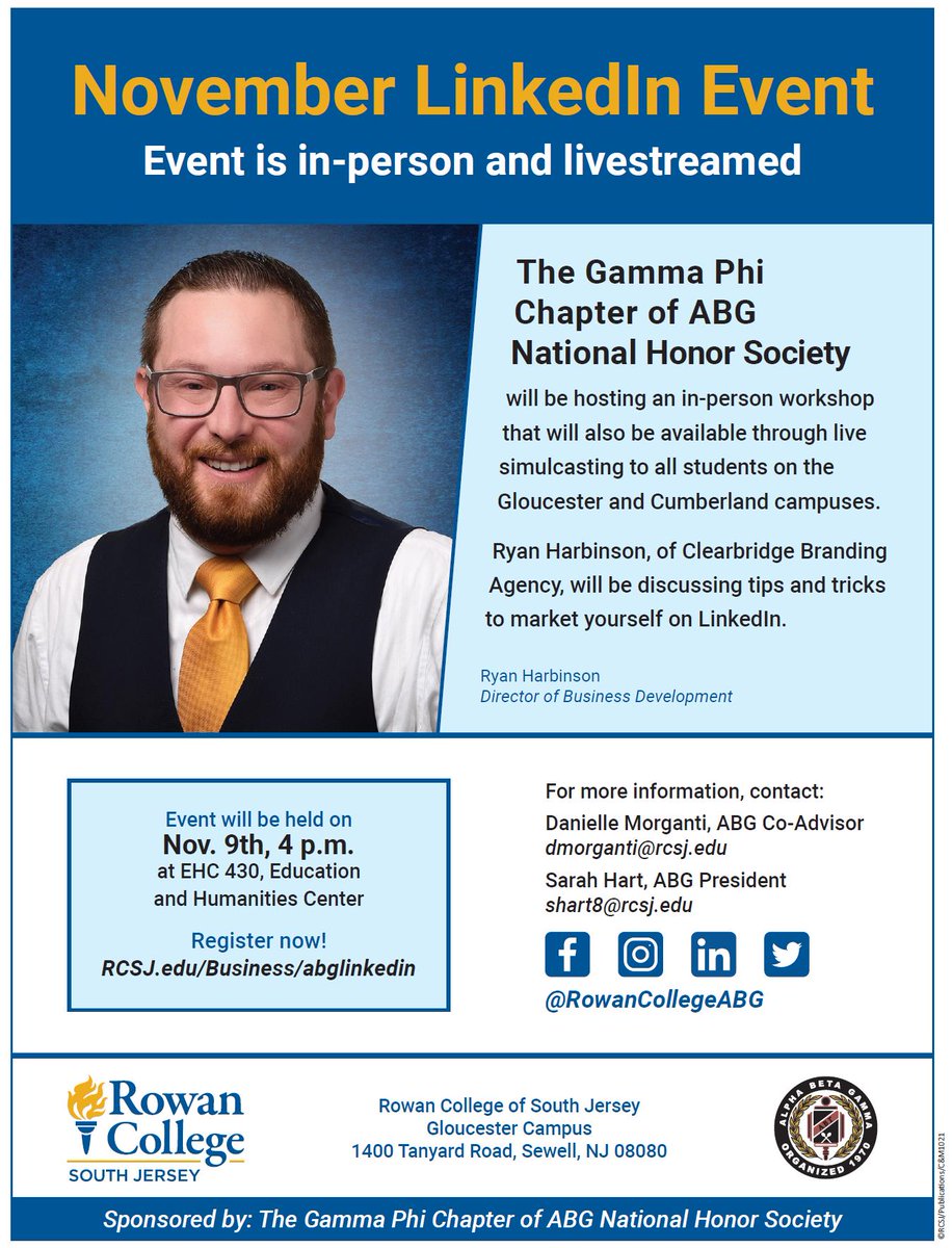 Appointments for headshots are first-come, first-serve basis,  before the event. Please schedule a headshot during the registration process by clicking the link below. 

RCSJ.edu/business/abgli…