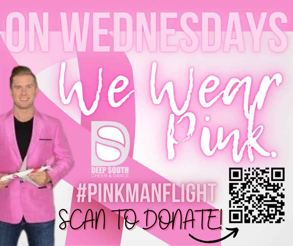 deepsouthspirit's tweet photo. Our friend Andrew Dean is on a 17-hr journey with @delta with to raise money for @bcrfcure &amp; We’re proud to support him in these efforts! His #PinkManFlight fundraiser is over halfway to its $5,000 goal! Scan the QR code to join in on the fun-Because on Wednesdays #WeWearPink! 💕 https://t.co/WJCCJmzwi4