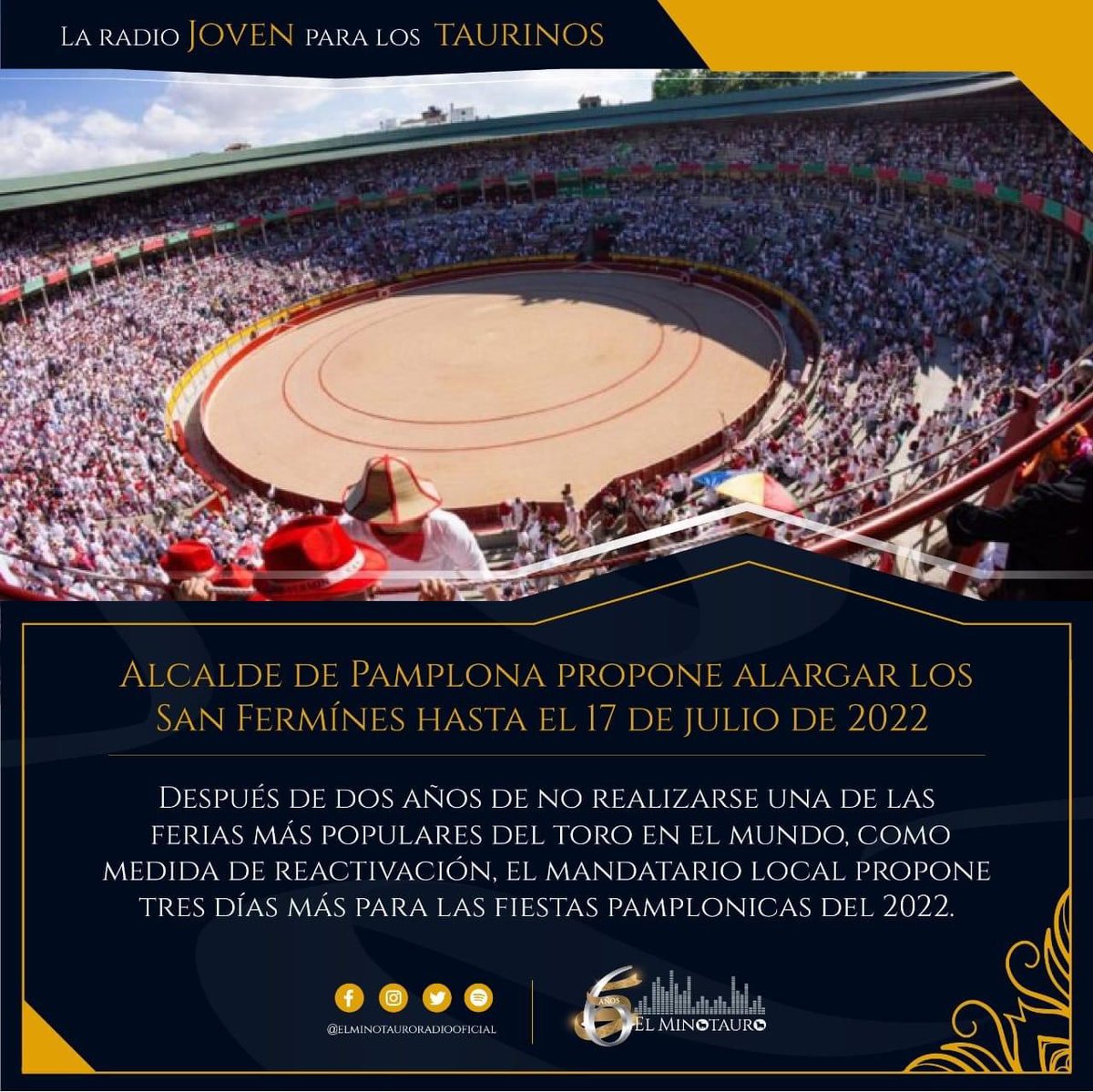 🇪🇦🇪🇦🇪🇦 España 🇪🇦🇪🇦🇪🇦

Esta propuesta coincide con la de celebrar por todo lo alto los 100 años de la inauguración de la plaza de toros de Pamplona, que se cumplirán en 2022.

#ActualidadTaurina #Sanfermines #Pamplona #Navarra #Tauromaquia #ElMinotauroRadio #RadioParaTaurinos
