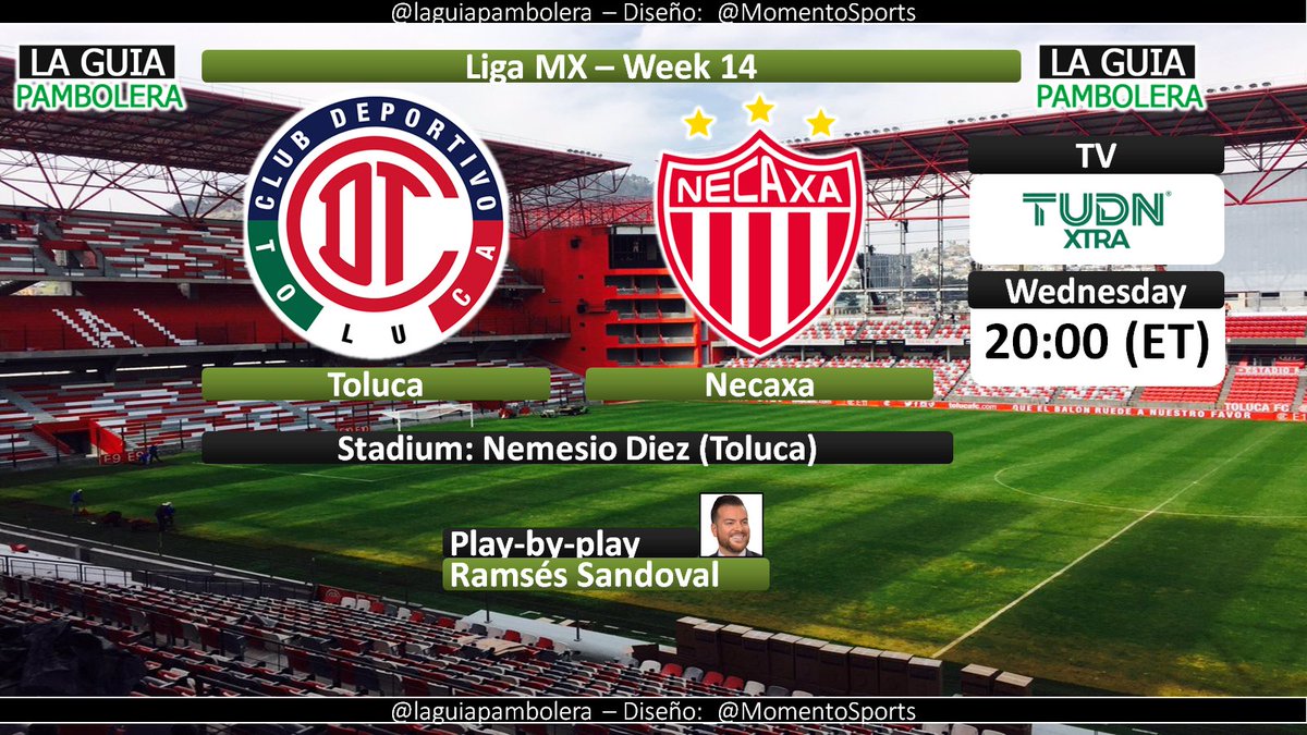 TODAY: #LigaMXEng 🇺🇸 <a href="/TolucaFC/">Toluca FC</a> <a href="/ClubNecaxaEN/">ClubNecaxa (English) ⚡️🇺🇲</a> on <a href="/TudnXtra/">TUDNXtra</a> 2 with <a href="/RamsesSandoval/">Ramses Sandoval ©️</a> (19:55hrs ET)