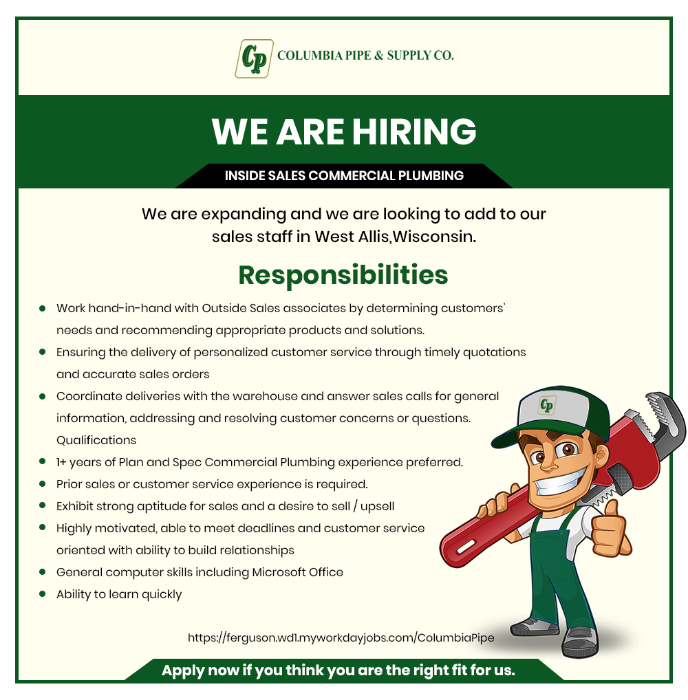 ColumbiaPipeCo's tweet photo. Columbia Pipe &amp; Supply Co. is on the lookout for a sales rep for our branch in West Allis, Wisconsin.
We provide market competitive salaries to our employees based on their skills and experience.

Apply now: https://t.co/1a3HRG5h5i

#columbiapipe #staysafewashhands https://t.co/dyidwxZ30H
