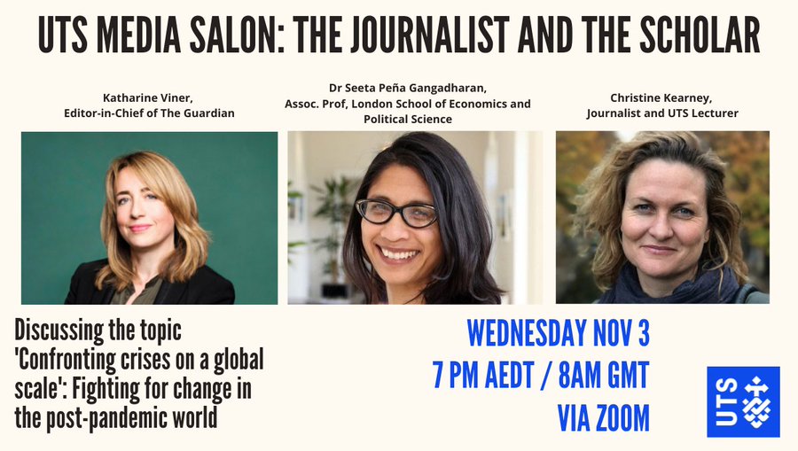 UTS Alumni (@utsalumni) on Twitter photo Join <a href="/UTSFass/">UTS Arts & Social Sciences</a> & <a href="/uts_journalism/">UTS Journalism</a>'s <a href="/_CKearney/">Christine Kearney</a> 3 Nov for an online chat with <a href="/guardian/">The Guardian</a> Editor-in-Chief <a href="/KathViner/">Katharine Viner</a> & Dr Seeta Peña Gangadharan from <a href="/MediaLSE/">LSE Media & Communications</a> on climate, inequality, trust in media, big data, truth & the polarisation of info spheres. Register bddy.me/3DZweTn Join <a href="/UTSFass/">UTS Arts & Social Sciences</a> & <a href="/uts_journalism/">UTS Journalism</a>'s <a href="/_CKearney/">Christine Kearney</a> 3 Nov for an online chat with <a href="/guardian/">The Guardian</a> Editor-in-Chief <a href="/KathViner/">Katharine Viner</a> & Dr Seeta Peña Gangadharan from <a href="/MediaLSE/">LSE Media & Communications</a> on climate, inequality, trust in media, big data, truth & the polarisation of info spheres. Register bddy.me/3DZweTn