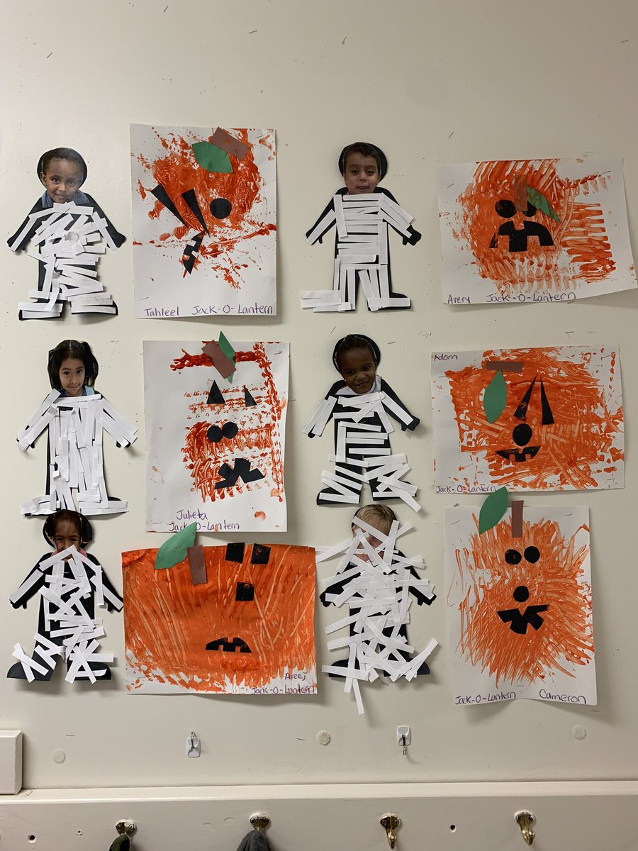 Mummies and jack o lanterns. The mummy activity was a fun fine motor activity. And for the jack o lantern, they used a paint scraper.