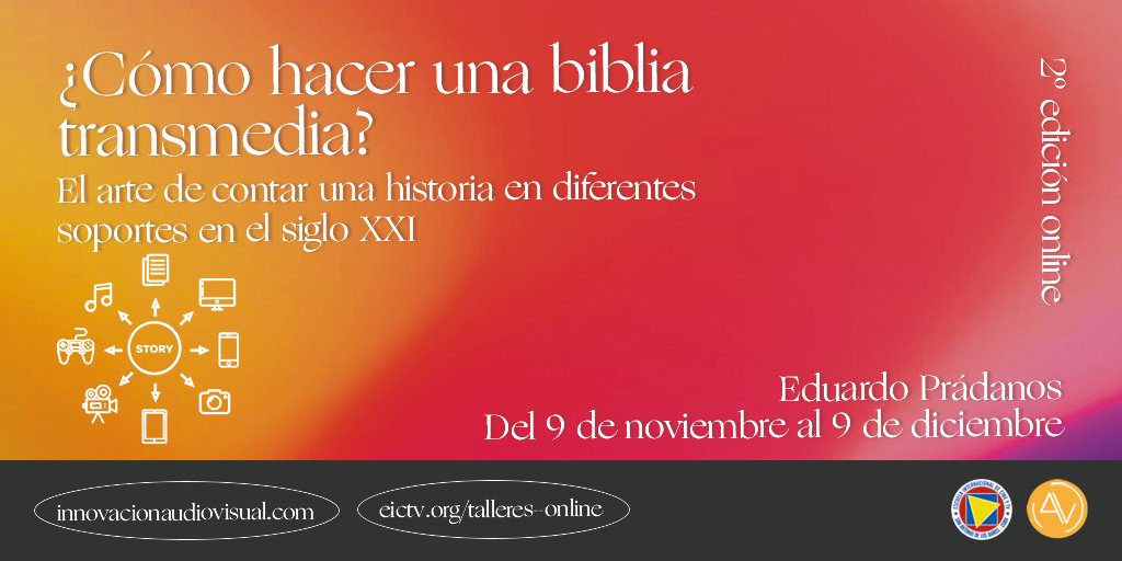 EduardoPradanos's tweet photo. En un mes comenzamos el curso online '¿Cómo hacer una biblia transmedia?'. Quedan pocas plazas, si queréis información está en este enlace y también podéis escribirme: https://t.co/9ZTtiftPJc

#EICTV #transmedia #narrativatransmedia #narrativastransmedia #transmediastorytelling https://t.co/l3Eadx8nFF