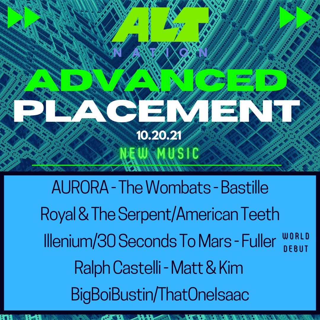 a world debut from <a href="/listentofuller/">Fuller</a> on today's Advanced Placement at 7pE plus new music from <a href="/AURORAmusic/">AURORA</a>  <a href="/thewombats/">The WOMBATS</a> <a href="/ILLENIUM/">ILLENIUM</a> <a href="/30SECONDSTOMARS/">THIRTY SECONDS TO MARS</a> <a href="/royalandtheserp/">Royal & the Serpent 🧀</a> <a href="/american_teeth/">American Teeth</a> <a href="/bastille/">BASTILLE</a> <a href="/ralph_castelli/">Ralph Castelli</a> <a href="/mattandkim/">MATT and KIM</a> BigBoiBustin