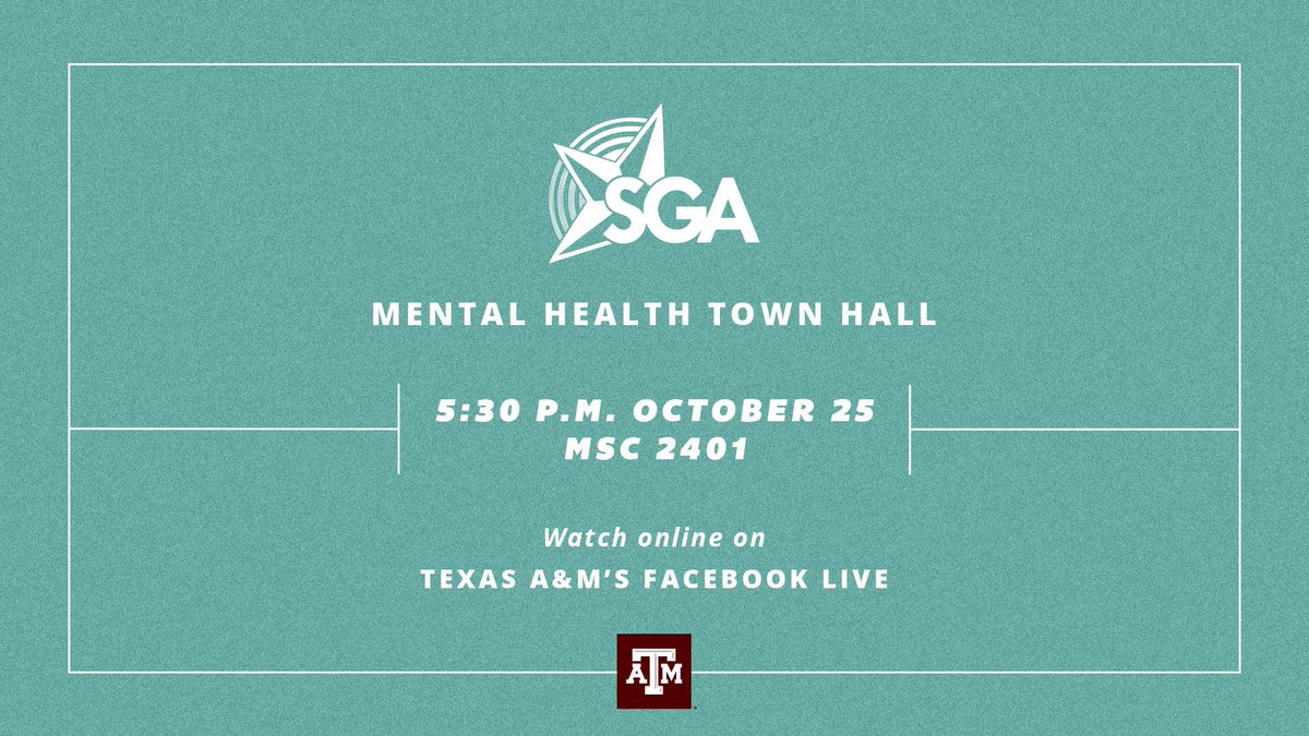 tamu_sga's tweet photo. Join us for SGAβs Mental Health Town Hall at 5:30pm on October 25th in MSC 2401 or on the Texas A&M University Facebook Live!
We will be discussing with professionals and student representatives in the fields of Mental Health awareness, resources and advocacy. π§
#TAMUSGA https://t.co/LMoBu5NE1v