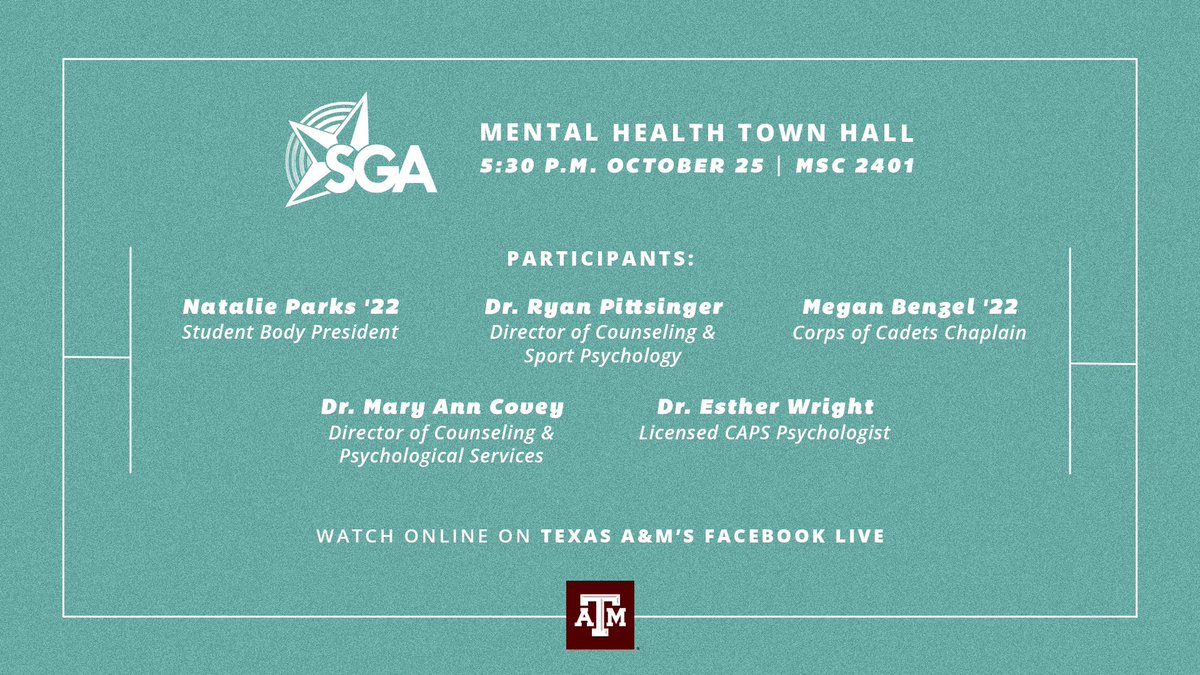 tamu_sga's tweet photo. Join us for SGAβs Mental Health Town Hall at 5:30pm on October 25th in MSC 2401 or on the Texas A&M University Facebook Live!
We will be discussing with professionals and student representatives in the fields of Mental Health awareness, resources and advocacy. π§
#TAMUSGA https://t.co/LMoBu5NE1v