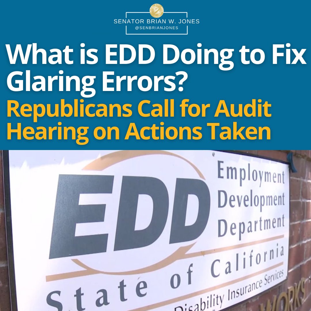 SenBrianJones's tweet photo. Almost 2 years into the pandemic, EDD is still filled with inexcusable issues.
Senate Republicans are calling on the Joint Legislative Audit Committee to hold a hearing on EDD’s status towards implementing critical reforms. #FixEDD
Read our letter here: https://t.co/XLvSeUxDu7 https://t.co/gYQCMd10ae