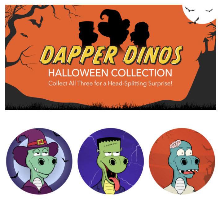 dapperdinos's tweet photo. Announcing: The Dapper Dinos Spooky series! 

1000 Spooky tokens were just dropped to random Dino Holders! Collect all three by Oct. 30th for a headsplitting surprise! 

Check out the incredible art, and see more details below!

https://t.co/YovfRcNpdj

https://t.co/aw7ATjyLWf https://t.co/GeqYTstcDU