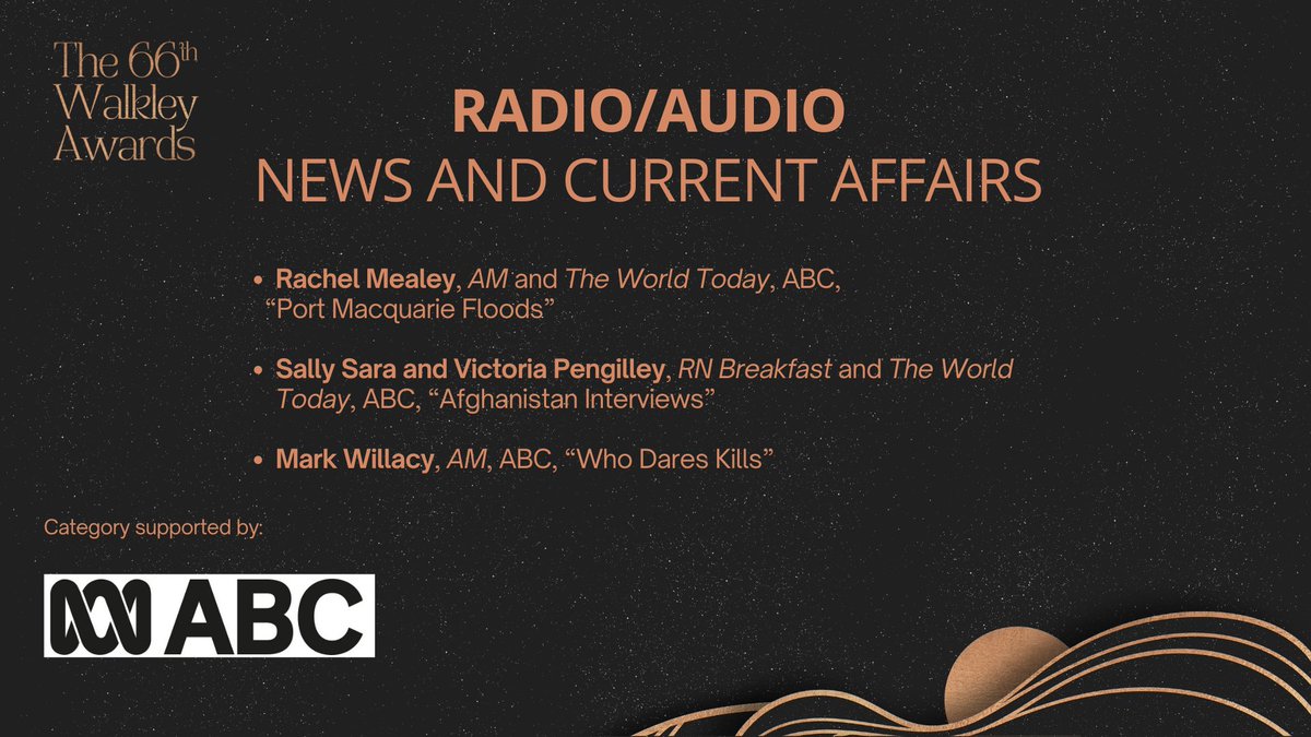 walkleys's tweet photo. The finalists for Radio/Audio: News &amp; Current Affairs, supported by @ABCaustralia: @rachelmealey, AM and The World Today, ABC; @sallyjsara and @vicpengilley, @RadioNational Breakfast and The World Today, ABC; @markwillacy, AM, ABC https://t.co/S9wYjH2dDL