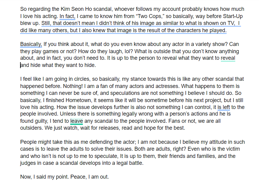 BeetleReviews's tweet photo. A couple of friends were asking me if I will stop mentioning #KimSeonHo now or even delete my article of him. My answer is no. My opinion of his acting is the same. Character-wise, I never gave myself the right to judge someone's character to begin with. https://t.co/mr4yOQRA3z