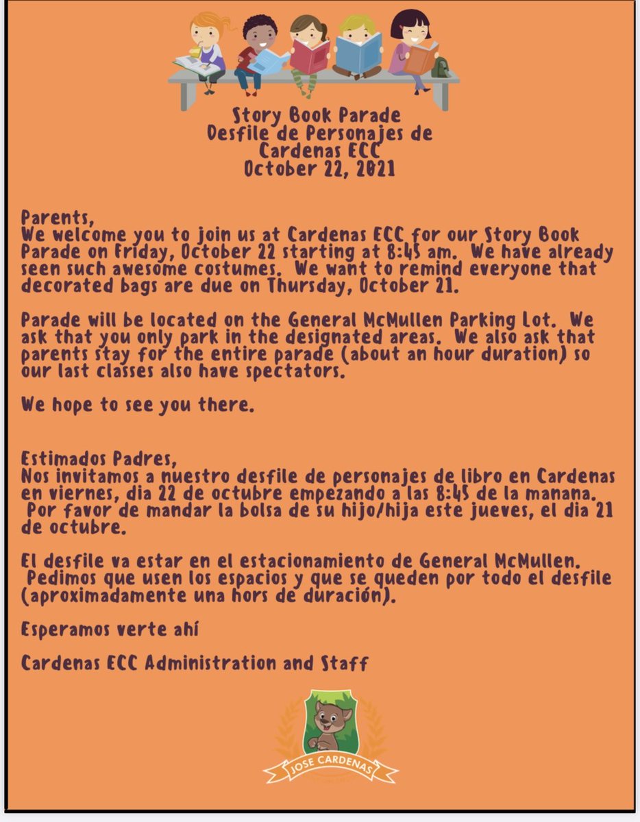 BenavidezLilly's tweet photo. Cardenas ECC Story Book Paper Bag Parade is happening Fri, Oct. 22!  Parade starts at 8:45 am at the General McMullen Parking Lot.  We can’t wait to see all of the awesome creations done by our families!  We hope to see you there!  ⁦@EISDofSA⁩ ⁦@JOSECARDENASECC⁩ https://t.co/ctXhkuAMnW