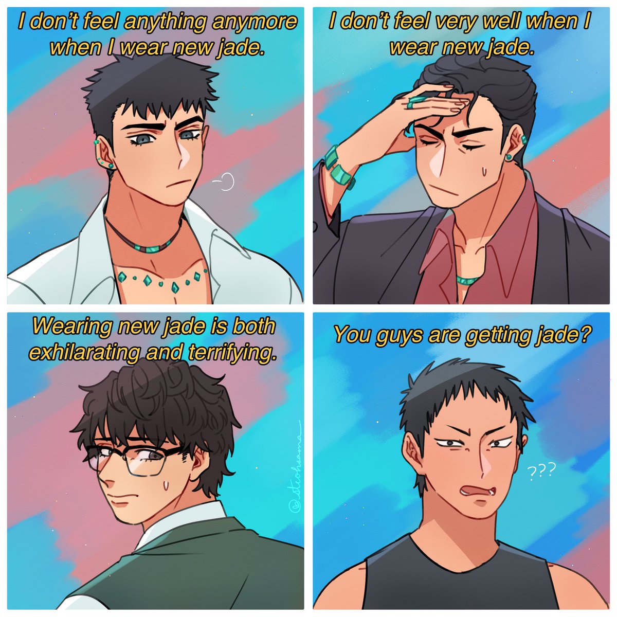 Green Bone Saga fandom, I offer you a clean meme 🗡
- a summary of the boys and their jade (or lack thereof) from Jade City by @FondaJLee ✨