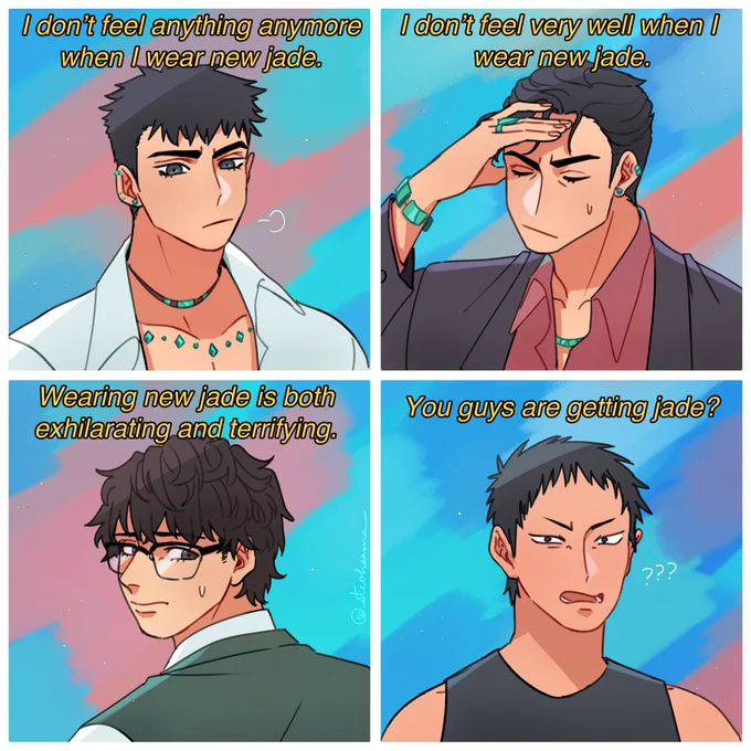 Green Bone Saga fandom, I offer you a clean meme 🗡

- a summary of the boys and their jade (or lack thereof) from Jade City by @FondaJLee ✨ 