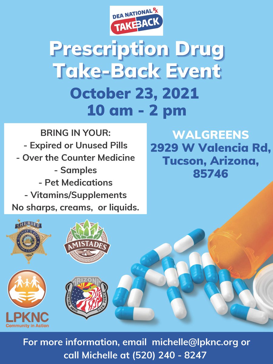 amistadesinc's tweet photo. If you have any unused/expired medication make sure to stop on by this Saturday!πππ
Don't forget to say hi to the team while you're thereππ½βπ½
#Rxtakeback #medication #community #Tucson #prevention https://t.co/PgvknG1wEd