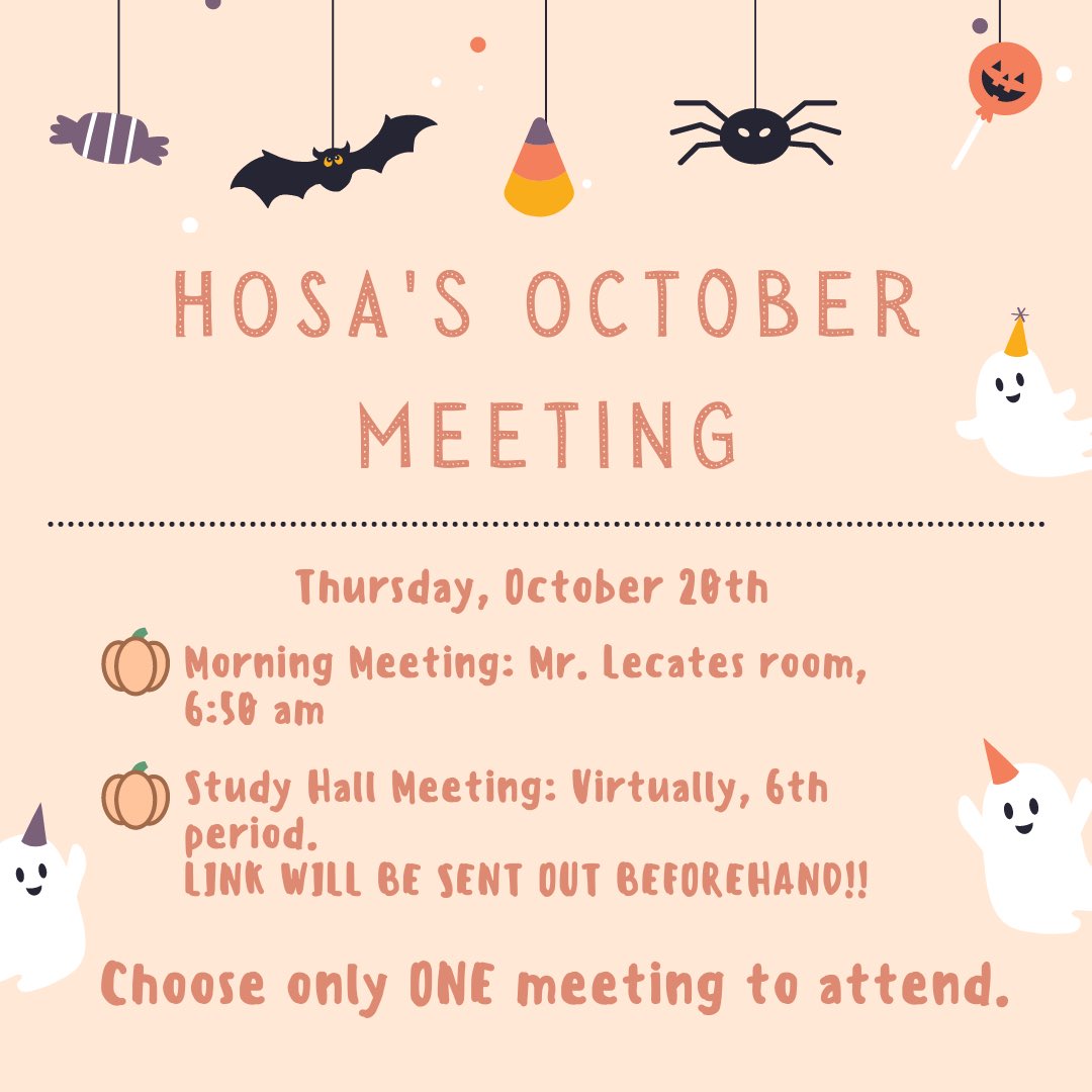 CarlWunscheHOSA's tweet photo. Hey everyone! We will have our October meeting tomorrow in the morning AND during study hall virtually (you only need to attend one!!). We will be discussing upcoming events and announcements! See you soon :) https://t.co/zwZobBTv4q