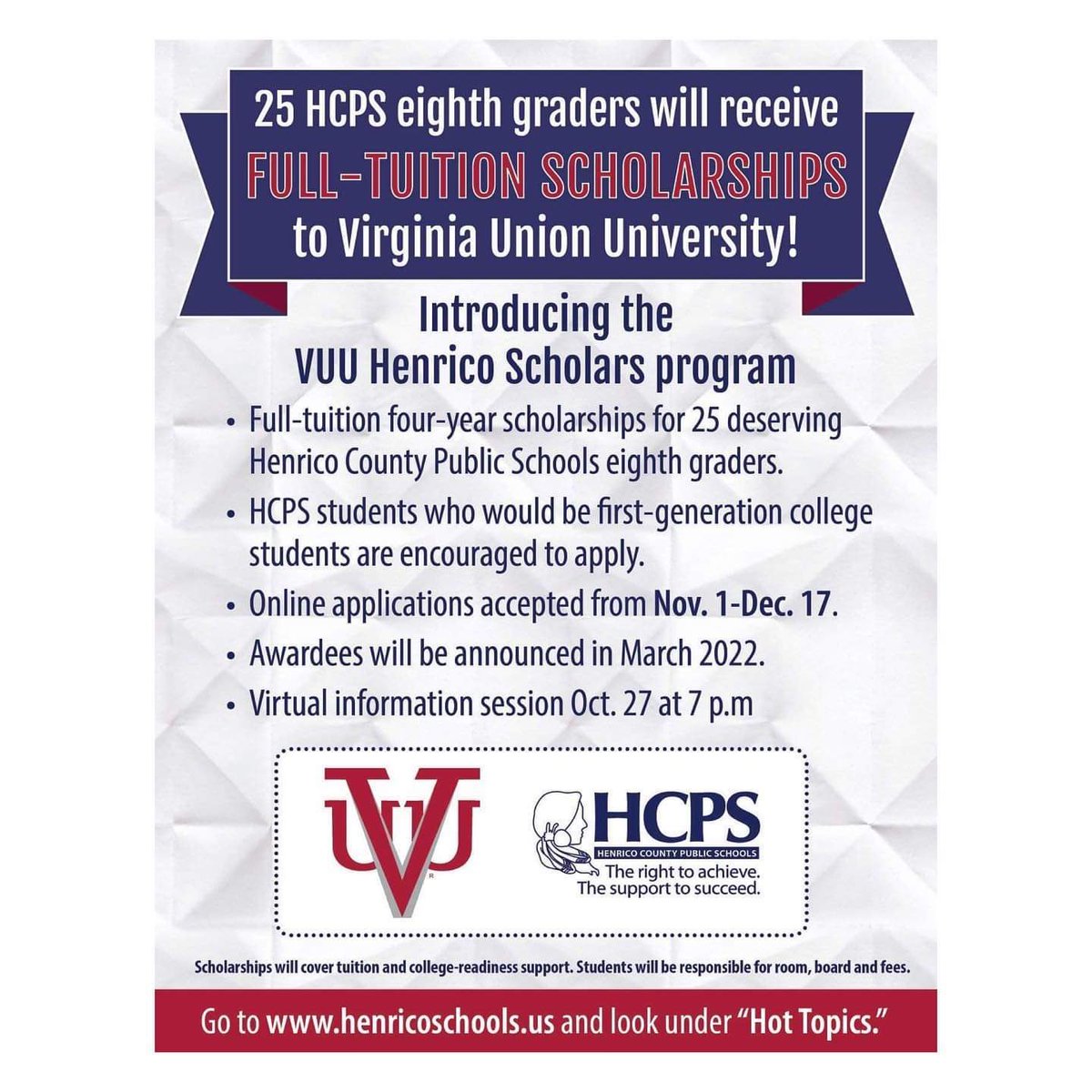 Spread the word! Scholarships for 25 HCPS 8th graders! Apply by 12/17! Info session on 10/27. henricoschools.us/2021/10/20/vuu…