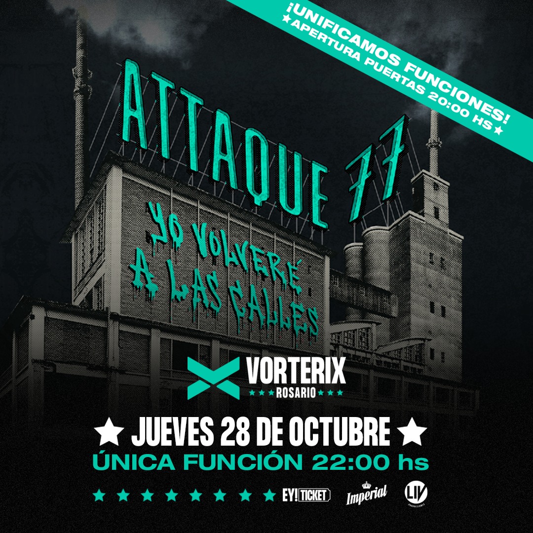 attaque77ok's tweet image. #Rosario Por la nueva disposición de aforo sin burbujas unificamos las funciones en @RosarioVorterix 
Estaremos tocando el jueves 28 de octubre desde las 22 hs, ¡allí los esperamos!

Entradas: bit.ly/Rosario-Attaqu…