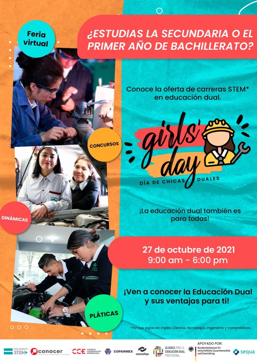 El próximo miércoles 27 de octubre, de 9:00 a 18:00 hrs, te invitamos al “Girls’day – Día de chicas Duales”, en donde podrás conocer empresas, carreras y posibilidades que te ofrece la #FormaciónDual ¡No te la pierdas!
🎫Entrada libre 
Regístrate 👉 chicasduales.com.mx