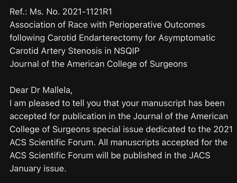 Deepthi Priyanka Mallela, MD, MPH (@deepthipmallela) on Twitter photo Excited about my manuscript publication in JACS. Grateful to <a href="/CaitlinWHicks/">Caitlin Hicks MD, MS</a> for mentorship! Thanks <a href="/elliotthaut/">Elliott R Haut, MD, PhD, MAMSE</a> <a href="/HopkinsJSCOR/">Johns Hopkins JSCOR</a> <a href="/DevinZarkowsky/">Devin Zarkowsky</a> <a href="/candeux/">Joe Canner</a>, Dr. Abularrage. Thank you <a href="/acsJACS/">Journal of the American College of Surgeons (JACS)</a> for highlighting important work on racial disparities after CEA.<a href="/JHHVascular/">JHH Vascular Surgery</a> <a href="/hopkinssurgery/">Hopkins Surgery</a> Excited about my manuscript publication in JACS. Grateful to <a href="/CaitlinWHicks/">Caitlin Hicks MD, MS</a> for mentorship! Thanks <a href="/elliotthaut/">Elliott R Haut, MD, PhD, MAMSE</a> <a href="/HopkinsJSCOR/">Johns Hopkins JSCOR</a> <a href="/DevinZarkowsky/">Devin Zarkowsky</a> <a href="/candeux/">Joe Canner</a>, Dr. Abularrage. Thank you <a href="/acsJACS/">Journal of the American College of Surgeons (JACS)</a> for highlighting important work on racial disparities after CEA.<a href="/JHHVascular/">JHH Vascular Surgery</a> <a href="/hopkinssurgery/">Hopkins Surgery</a>