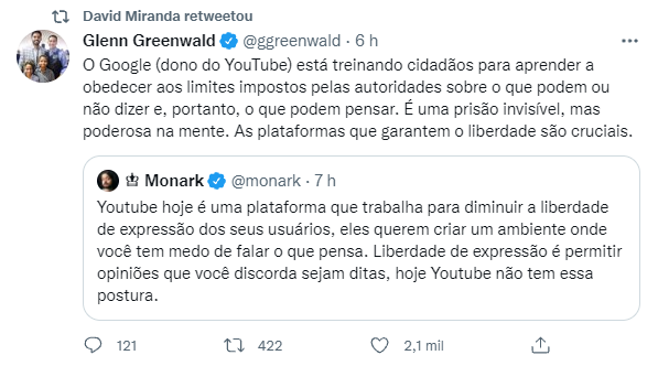 jonesmanoel_PE's tweet photo. Na entrevista com o Cabo Daciolo, Monark reclama que o youtube tirou do ar um vídeo com Lacombe onde esse imbecil fazia um discurso negacionista e que estimula mortes contra a vacina. Me parece que Monark deseja "liberdade" para discurso negacionista. E vai lá o Glenn no RT! https://t.co/9KaDjakCjE