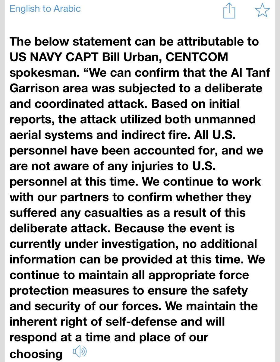 nadia_bilbassy's tweet photo. #cencom issued a statement below on attack on #Tanif #syria , no #US casualties. https://t.co/eDxW87fGJ6