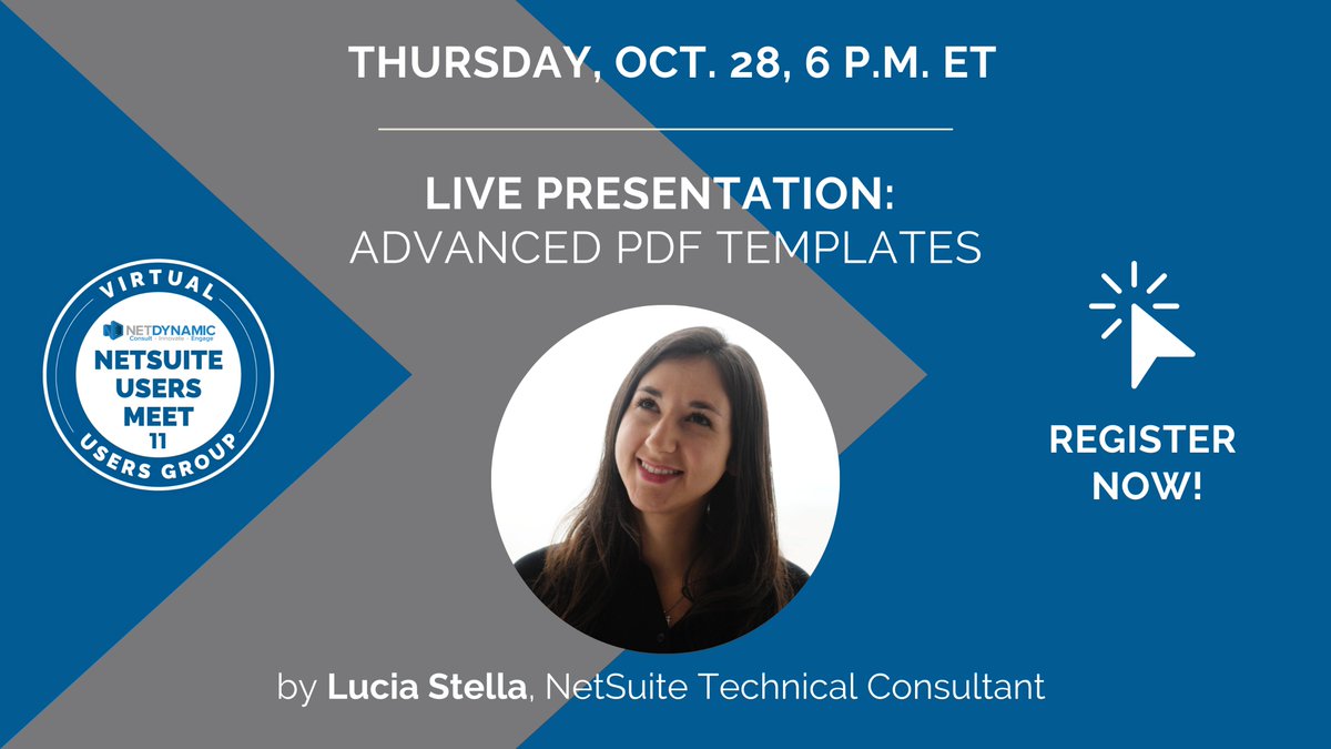 Net_Dynamic's tweet photo. Attend NetSuite Users Meet 11 and hear a live presentation on Advanced PDF Templates! We'll network, have Q&amp;A and share insights on #NetSuite updates, challenges and best practices. Guests can even WIN A PRIZE! Register: https://t.co/WjPjEBvw1R

#netdynamicconsulting #usersmeet https://t.co/J1X7j6MXjd